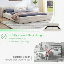 YOGLAD Modern Beige Queen Size Platform Bed Frame Upholstered With Soft Chenille Fabric, Premium Thickly Padded Headboard & Solid MDF Frame (Durable No-Wobble Design) -  Luxury Bed With Easy Assembly Kit, Hotel Style Bedroom Furniture For Master, Bedroom, Trending Contemporary Bed Frame With Storage Option & Noise-Free Structure