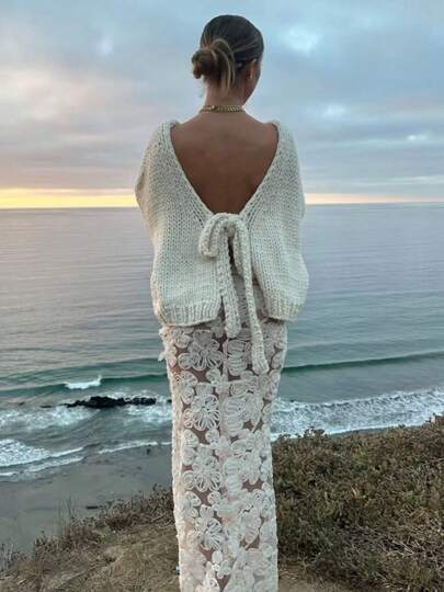 1pc Backless Tie-Back Long Sleeve Knit Top, Reversible, Suitable For Beach & Resort, Autumn/Winter