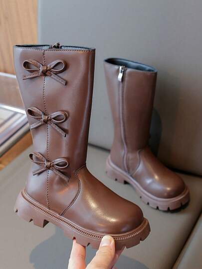 1 Pair Brown Toddler Girls' Tall Boots, Soft & Comfortable PU Material, Bow Decor Side Zipper Design, Round Toe, Warm Soft Sole, Fashion & Cute High-Top Classic Leather Boots, Suitable For 3-15 Years Old Girls Daily, Vacation, School, Autumn/Winter New