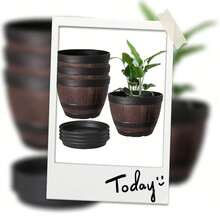 老式威士忌酒桶花盆带托盘套装 - 2个（一个底座+一个花盆），条纹塑料花盆带排水孔，适用于客厅、卧室、户外、花园、阳台、公寓、办公室和乡村旅馆。花盆、花篮，适合种植香草和多肉植物 - 圆形花园花盆，物美价廉，加厚耐用，防水