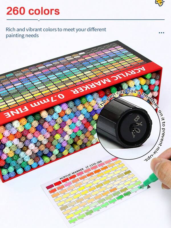 1 Set mit 260 Stück weichen Acrylstift-Markern, schülerfreundliche, nicht durchblutende stapelbare Aquarellpinsel-Stifte für Kunst, Basteln, DIY, langanhaltend & lichtecht, Schul-Grundausstattung, Geschenk für Freunde. Geeignet für Papier, Stoff, Holz, Stein, Kunststoff, Glas, Keramik, Kürbis usw. Ideal für Studenten und Erwachsene Acrylmalerei, großartig als Geschenk zu Thanksgiving, Halloween, Weihnachten.