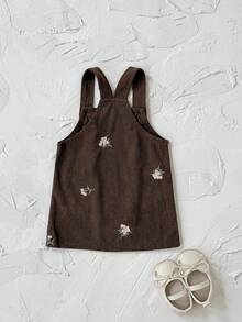 INS Newborn Baby Girls Casual Floral Embroidered Corduroy Pocket Suspender Skirt, Spring/Autumn - Coffee Brown - View 7