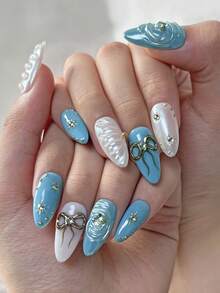 10 件浅蓝色手工按压指甲，杏仁形手工假指甲，3D 贝壳，蝴蝶结，太阳装饰，适合女孩和女士日常使用，节日指甲装饰，含果冻胶和指甲锉 美甲用品 - 淺藍色 - 查看 8