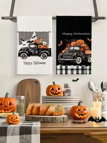 2 piezas/4 piezas/12 piezas Toallas de cocina con patrón de calabaza y coche de Halloween, toallas de baño con patrón de coche fantasma de Halloween, toallas para fiestas al aire libre de Halloween, decoración del hogar de Halloween, decoración de cocina de Halloween, estilo moderno, secado rápido, material de microfibra súper suave, rectangular, 15.75IN*23.62IN/40*60CM con estampado digital, adecuado para decoración de fiestas al aire libre, regalos de vacaciones de Halloween - Multicolor - Ver 1