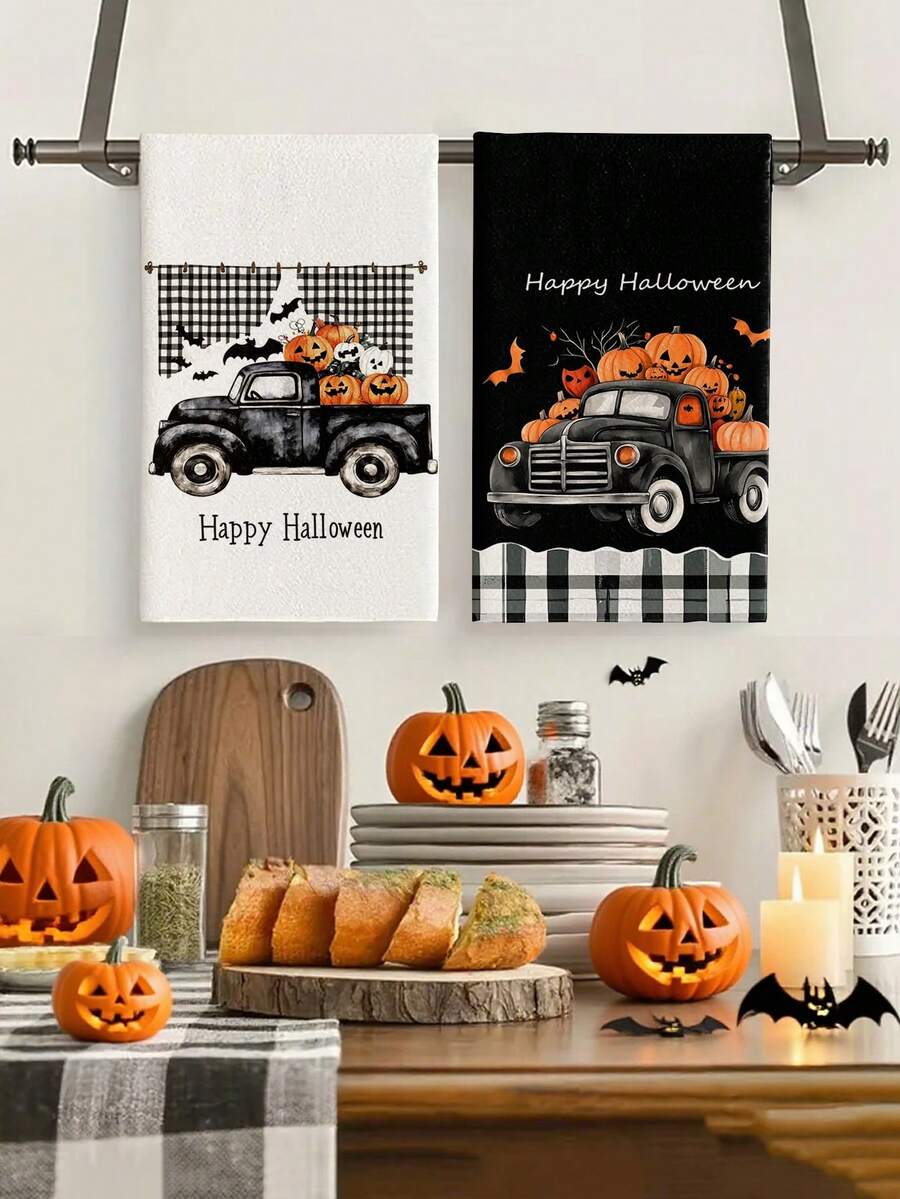 2 piezas/4 piezas/12 piezas Toallas de cocina con patrón de calabaza y coche de Halloween, toallas de baño con patrón de coche fantasma de Halloween, toallas para fiestas al aire libre de Halloween, decoración del hogar de Halloween, decoración de cocina de Halloween, estilo moderno, secado rápido, material de microfibra súper suave, rectangular, 15.75IN*23.62IN/40*60CM con estampado digital, adecuado para decoración de fiestas al aire libre, regalos de vacaciones de Halloween - Multicolor - Ver 1