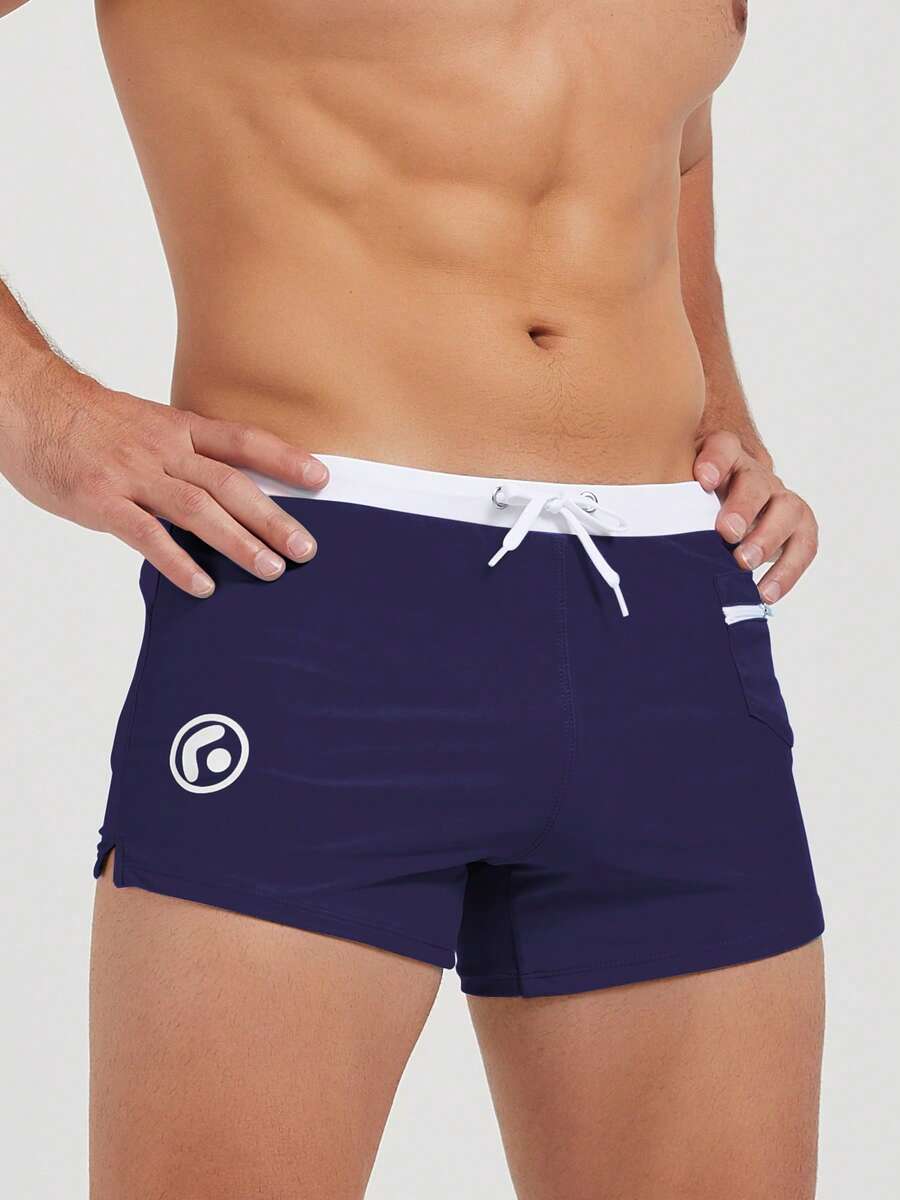 New Arrival Men's Front Pocket Zipper Swimming Trunks, Fashionable Swim Shorts For Beach & Spa Summer - Navy Blue - View 1