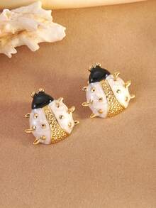 1 Pair Elegant & Cute Colorful Ladybug Stainless Steel Earrings, Suitable For Women's Daily/Outing Wear