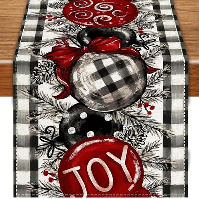 1 Stück Schwarz, Grau & Weiß Büffel Karo Weihnachtstischdecke, Weihnachtskugeln & Beeren Saisonaler Winter Tischläufer, geeignet für Innen- & Außenbereich Esszimmerdekoration, Größe: 33*90cm, 33*120cm, 33*183cm, 33*230cm, 33*275cm