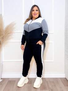 Women's Cold Weather Set In Crepe Knit, High Waist Jogger Pants With Pocket And Elastic Waistband And Long Sleeve Top With Zipper, Striped, Warm, Comfortable, Color Block, Contrasted Waist, Zipper, Side Stripe, Cold Weather Clothing, Autumn Winter Fashion Collection - 灰色 - 查看 2