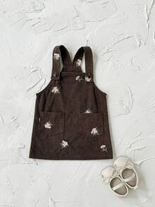 INS Newborn Baby Girls Casual Floral Embroidered Corduroy Pocket Suspender Skirt, Spring/Autumn - Coffee Brown - View 6
