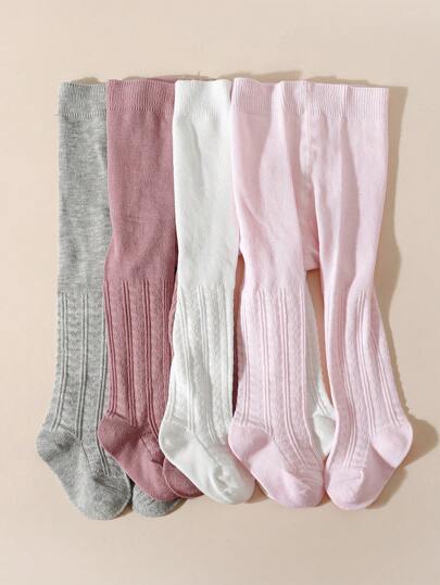 4pcs Girls' Solid Color Leggings, Vertical Striped Tights Suitable For Everyday Wear