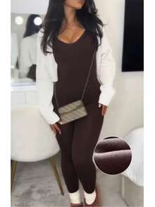 VIVINA Women's Autumn/Winter Casual Versatile Minimalist Solid Color Elegant Deep V-Neck Slim Fit Elastic Fleece-Like Outdoor Long Sleeve Jumpsuit, Chocolate Brown Slim Fit Fleece-Like Long Sleeve Jumpsuit - Brown - View 3