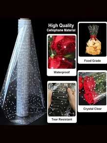 1卷3密耳厚透明玻璃纸包装纸，34英寸 x 148英尺 - 防水耐用，白色波点图案 | 非常适合礼品篮、花束等 | 包含礼品包装丝带蝴蝶结、圣诞玻璃纸包装纸 - 彩色 - 查看 6