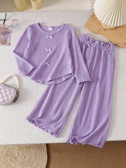 2 Stücke/Set Mädchen Frühling/Herbst Rippstoff Top mit Schleifen Dekor und weite Hose Set, Langarm Top + weite Hose, geeignet für lässige Unternehmungen