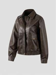 Chic Halloween Vintage Faux Leather Jacket Women Brown Cropped Collar Retro Fall Daily Outerwear - Brown - View 10