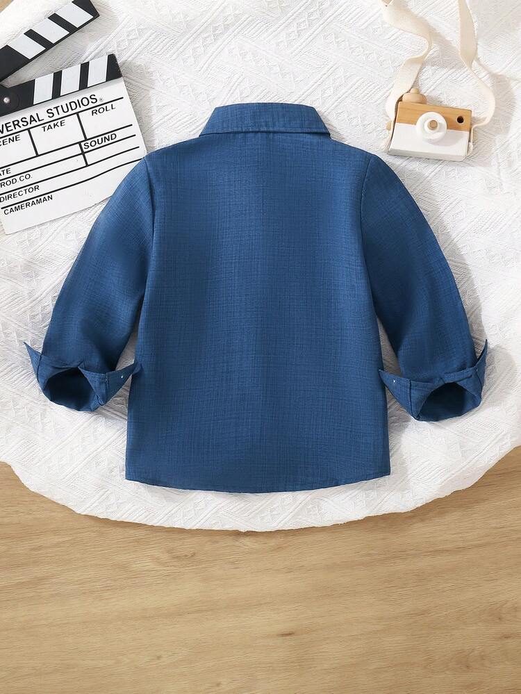 男童休闲翻领单排扣长袖衬衫，春秋季 - 寶藍色 - 查看 2