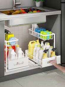 Cabinet Organizer Under Sink, 2-Tier Pull-Out Metal Basket With Mesh Sliding Drawers For Large Capacity Slide-Out Storage Shelves In Kitchens, Bathrooms, Pantry, Countertops - White - View 13