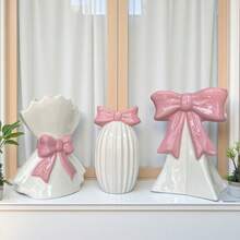 White Ceramic Vase Set With Pink Bow Decor - Home Decor Room Vase Glass Vase - Pink - View 1