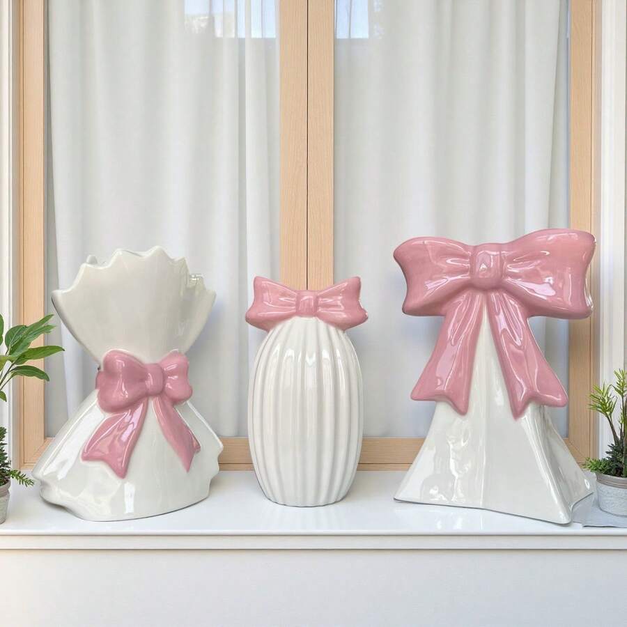 White Ceramic Vase Set With Pink Bow Decor - Home Decor Room Vase Glass Vase - Pink - View 1