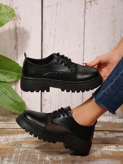 New Fashion Black Round Toe Platform Thick Sole Shoes, British Style High Heel Pumps For Women