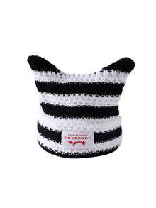 1pc Women's Fashion Striped Ear Decor Distressed Fabric Tag Knit Hat, Warm For Autumn/Winter Outfits - Multicolor - View 16