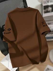 青少年男童街头涂鸦熊图案短袖宽松柔软凉爽T恤，夏季街头休闲装，男童上衣 - 棕色 - 查看 2