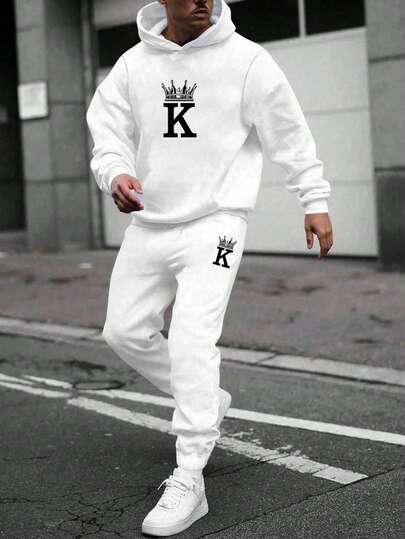加大码男士秋季字母K数码印花抽绳连帽卫衣和运动裤休闲套装