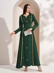 女士缺口领口系带优雅长袖阿拉伯风超长连衣裙（前片串珠丝带，随机，可能无法到达顶部） - 墨綠色 - 查看 7