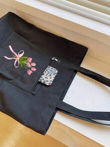 1 pieza Bolso de lona grande con estampado floral rosa, bolso de mano, bolsa de compras, bolsa de fiesta, bolsa de recuerdo de boda y cumpleaños, bolso de mano hecho a mano, bolsa de regalo de fiesta, bolso de mujer, bolsa de lona - Negro - Ver 4
