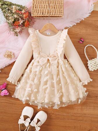 女童蝴蝶网眼长袖连衣裙，秋冬