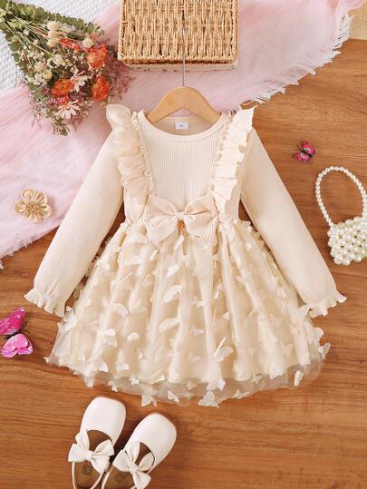 女童蝴蝶网眼长袖连衣裙，秋冬