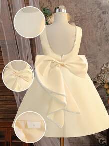 少女优雅露背大蝴蝶结婚礼派对花童礼服，时尚生日伴娘礼服，公主毕业典礼礼服，配仿珍珠 - 香檳色 - 查看 5