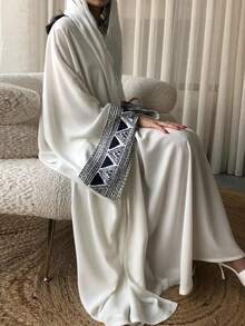 1 chiếc váy Abaya hở thời trang có cổ tay áo thêu tinh xảo, phù hợp cho trang phục hàng ngày của phụ nữ Hồi giáo, mặc được mọi mùa - Nhiều màu - Xem 3