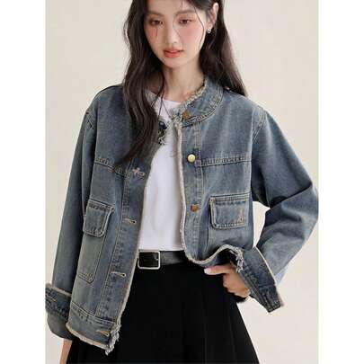 여성용 빈티지 헤짐 밑단 워싱 데님 재킷, 루즈핏 숏 스타일, 봄 & 가을용 버서타일