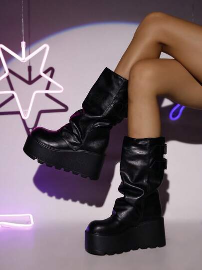 بوت نسائية بنعل سميك وتصميم بلاتفورم مزين بإبزيم، بنمط بانك، من الجلد المطوي، للكاحل المتوسط، للاستخدام الخارجي والموضة، سهلة الارتداء