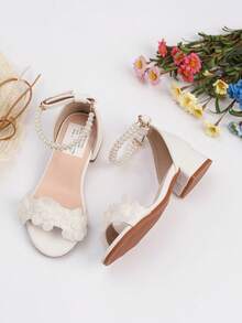 1 pereche de pantofi cu toc înalt pentru fetițe, la modă nouă de vară, sandale de prințesă, sandale confortabile de zi cu zi pentru studente, toc roman cu decor din dantelă, tocuri înalte de mărime mare, pantofi de performanță, pantofi cu toc jos pentru dans, pantofi pentru fetițe cu flori pentru petreceri de nuntă