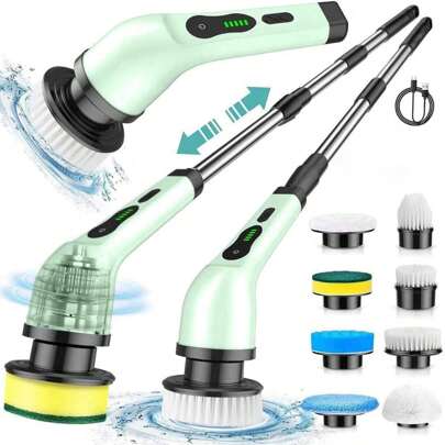 1 set, brosse à récurer électrique, brosse de nettoyage électrique, décapant de sol rotatif électrique sans fil avec 9 têtes de brosse remplaçables et un manche d'extension réglable, brosse de nettoyage sans cordon à 360° pour salle de bain, baignoire, carrelage, outils de nettoyage, cuisine, salle de bain, maison, fournisseurs de ménage