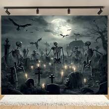 Telón de fondo plano 2D de cementerio de terror, esqueleto de luna llena de tela de poliéster, accesorio fotográfico reutilizable, adecuado para Halloween, bodas, cumpleaños, aniversarios, bar/bat , decoración del hogar multiusos