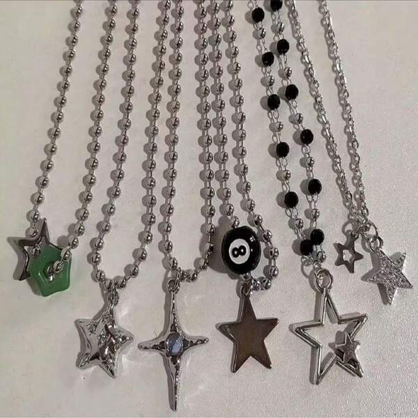 6PCS Kpop Vintage Punk Silver Color Star Pendant Bead Necklace For Men Women Street Hip Hop Aesthetic Grunge Jewelry Y2K Accessories
