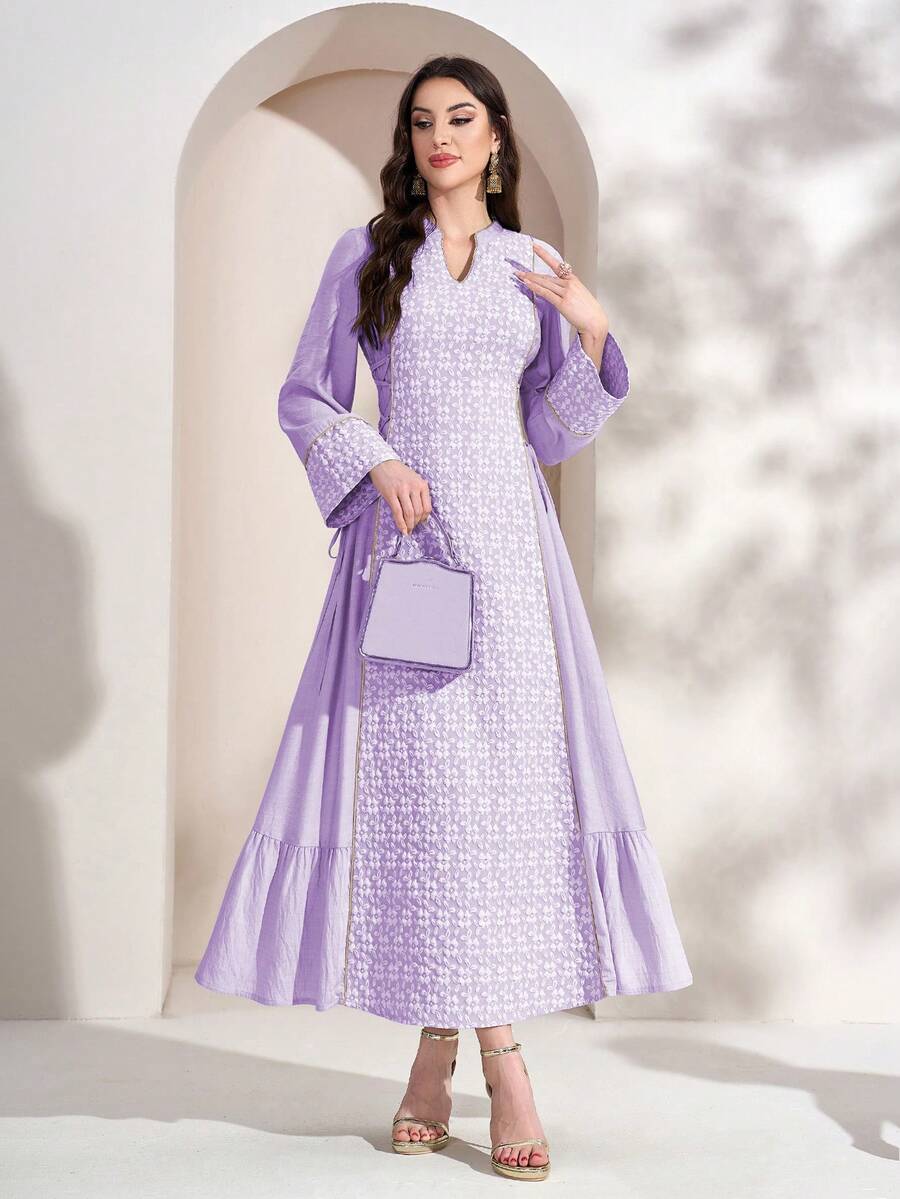 女士印花简约日常阿拉伯风格连衣裙,女士纯色萝卜印花拼接优雅长款收腰连衣裙,缎带拼接长袖连衣裙,适合日常穿着、约会及多种场合,包括开斋节 - 紫色 - 查看 1