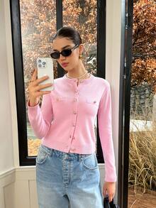 FOR BEAUTY 春季圆领长袖针织毛衣，新款金属纽扣时尚通勤甜美粉色开衫外套，百搭休闲毛衣，适合情人节约会 - 粉色 - 查看 6