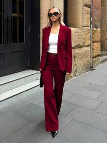 Zalla Blazer And Palazzo Pants Set With Lining And Decorative Button - Burdeos - Ver 2