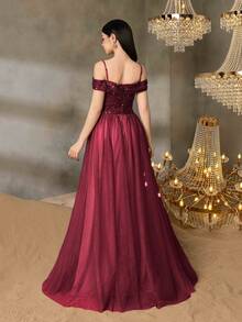 ALISA&LEO Teen Girls' Sequin A-Line Evening Gown - Off-Shoulder Sweetheart Neckline, Sheer Tulle Skirt & Fitted Sequin Bodice For Graduation Proms, Wedding Guest Outfits, Formal Dinners & Luxury Galas