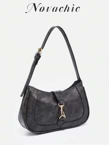 1pc Vintage Minimalist Crescent Moon Shaped Adjustable Shoulder Bag, Suitable For Dates, Outings, Parties - Black - View 2
