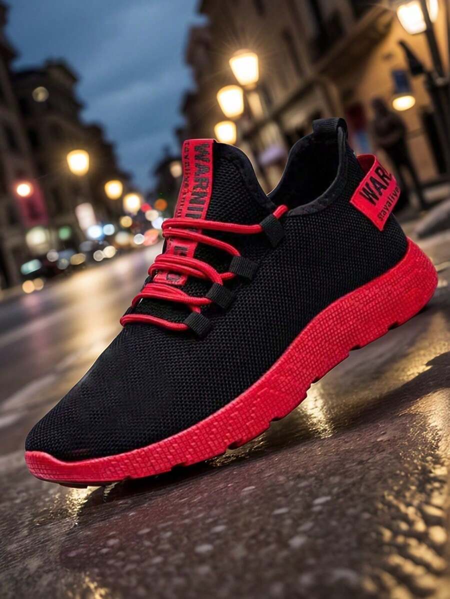 1 Pair Men's Sports Shoes, Breathable Casual Shoes, Competition Shoes, Fashionable Casual Running Shoes (Random/Asymmetrical Pattern On Shoe Upper/Heel/Side Strap) - Black and Red - View 1