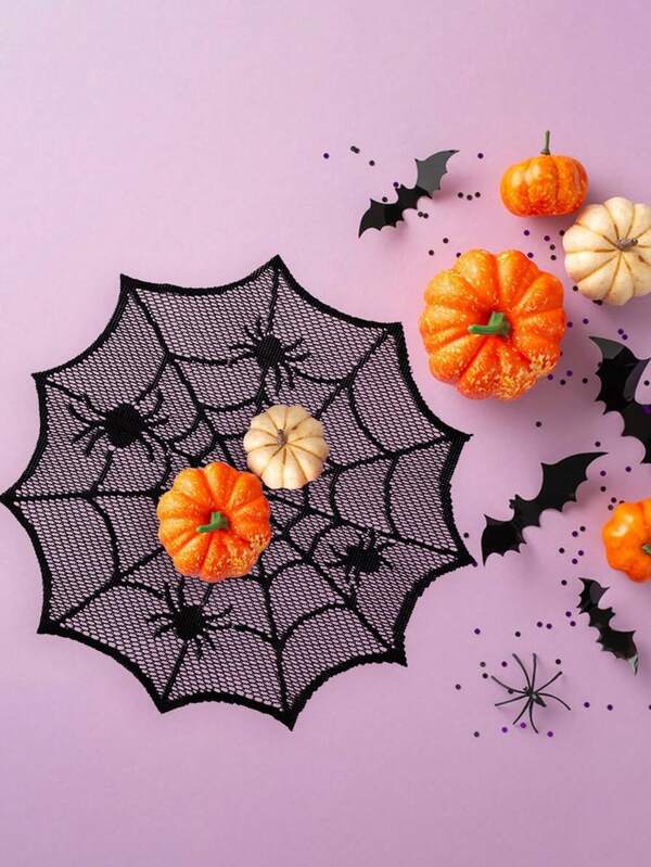 2pcs Halloween Spider Web Placemats, Halloween Placemats Spider Web Table Mats - Hollow Spider Web Coasters Halloween Decor Dining Table Decor, Black Round Plate Mats
