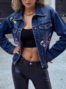 Chamarra dama mujer femenina casual trabajo oficina juvenil moderna sexy estampada mariposa dia noche formal fiesta surprise jeans - Azul - Ver 3