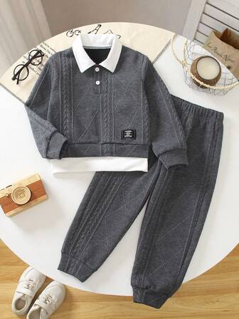 2-5Y Young Boy Solid Color Minimalist Collegiate Style Contrast Color Polo Collar Long Sleeve Sweatshirt And Gray Sweatpants 2 Pieces Set