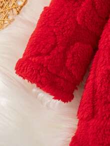 Girls' Casual Solid Color Long Sleeve Hooded Plush Warm Reversible Knee-Length Dress, Autumn/Winter - Red - View 8