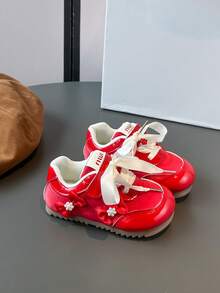 1 Đôi giày thể thao đế bệt thiết kế móc và vòng PU nơ xinh xắn dành cho bé gái, phù hợp cho mùa xuân và mùa thu - Đỏ - Xem 2